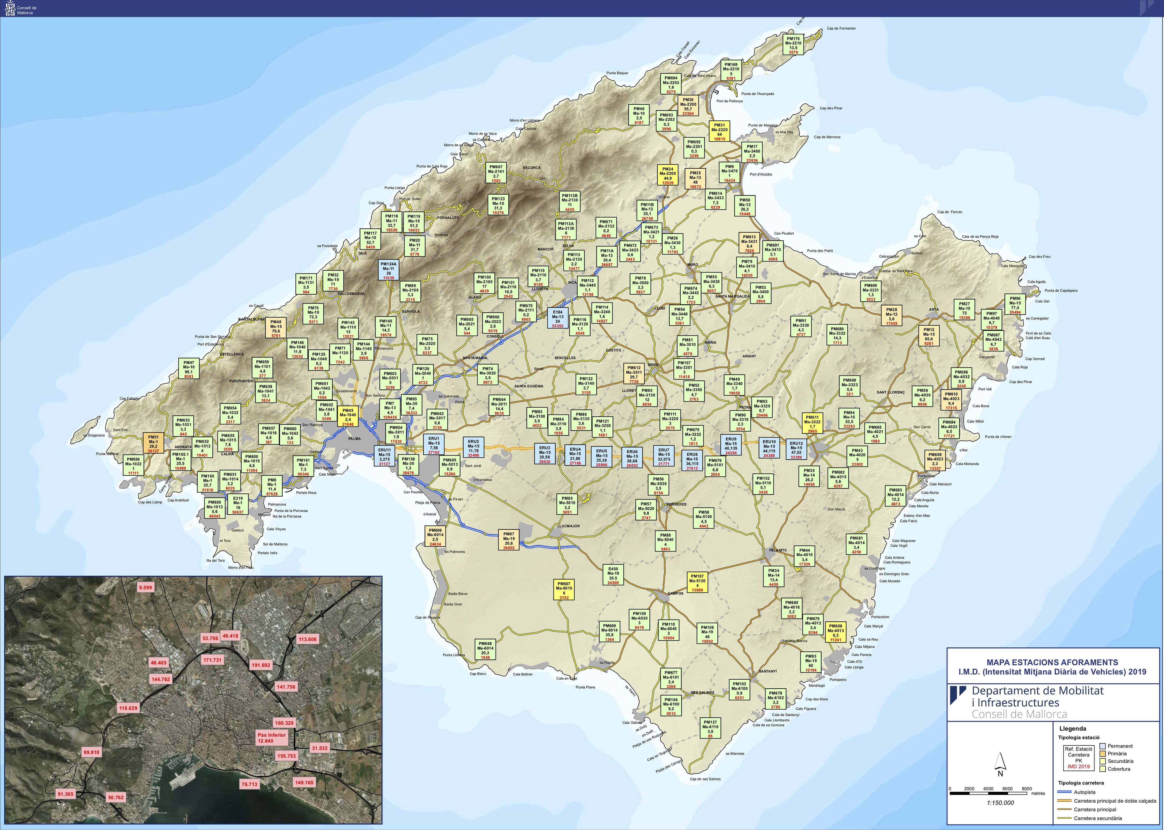 Mapa estaccions aforaments Intensitat Mitjana Diària de Vehicles 2019 Mallorca