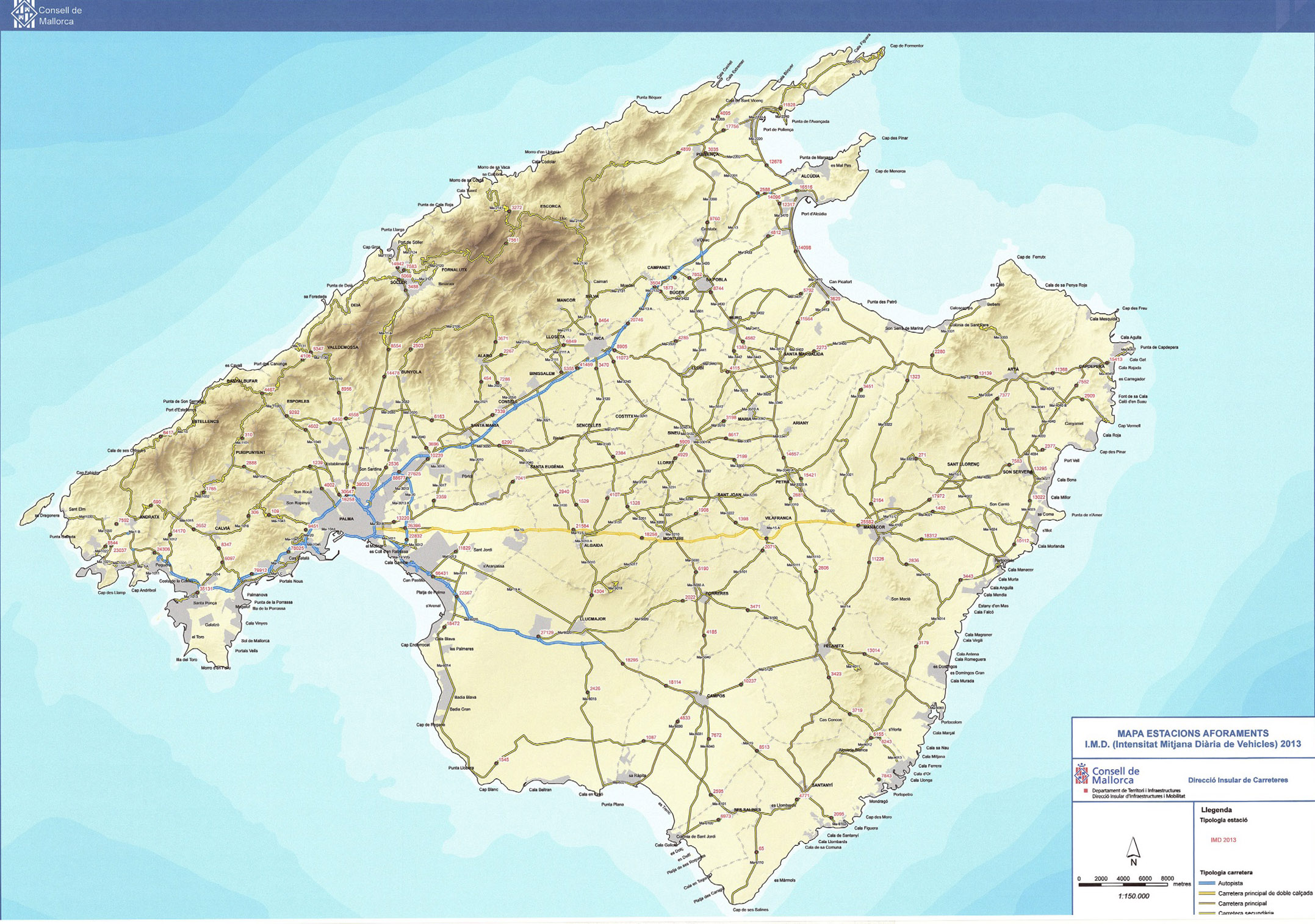 Mapa estaccions aforaments Intensitat Mitjana Diària de Vehicles 2013 Mallorca